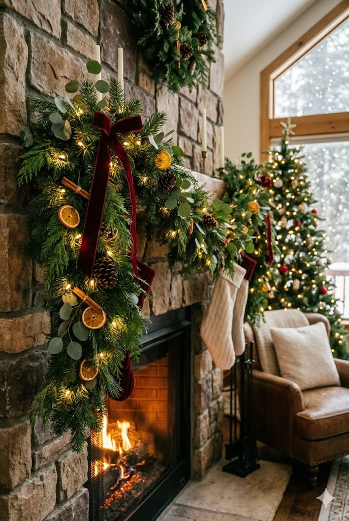 Cordless lighted christmas garland on fireplace