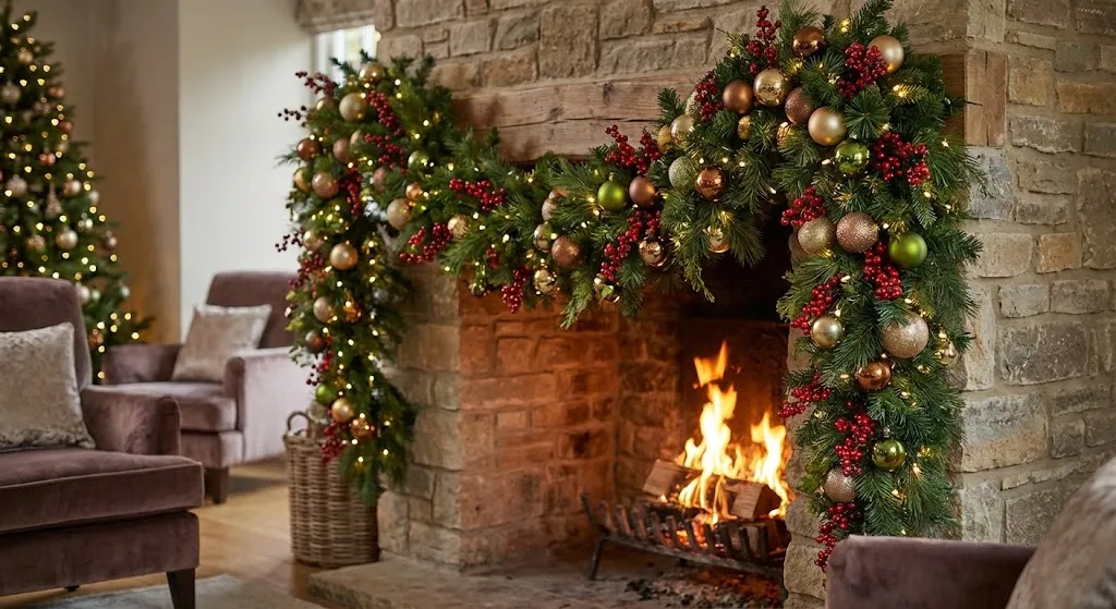 Lush and thick mantel garland with drop effect