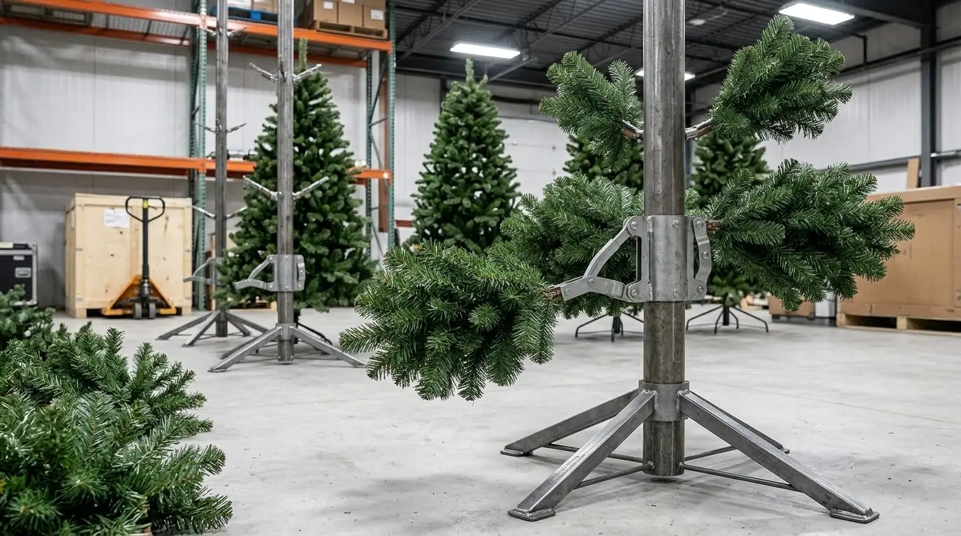 Close-up showing the commercial-grade metal hinges and steel center pole of an artificial Christmas tree.