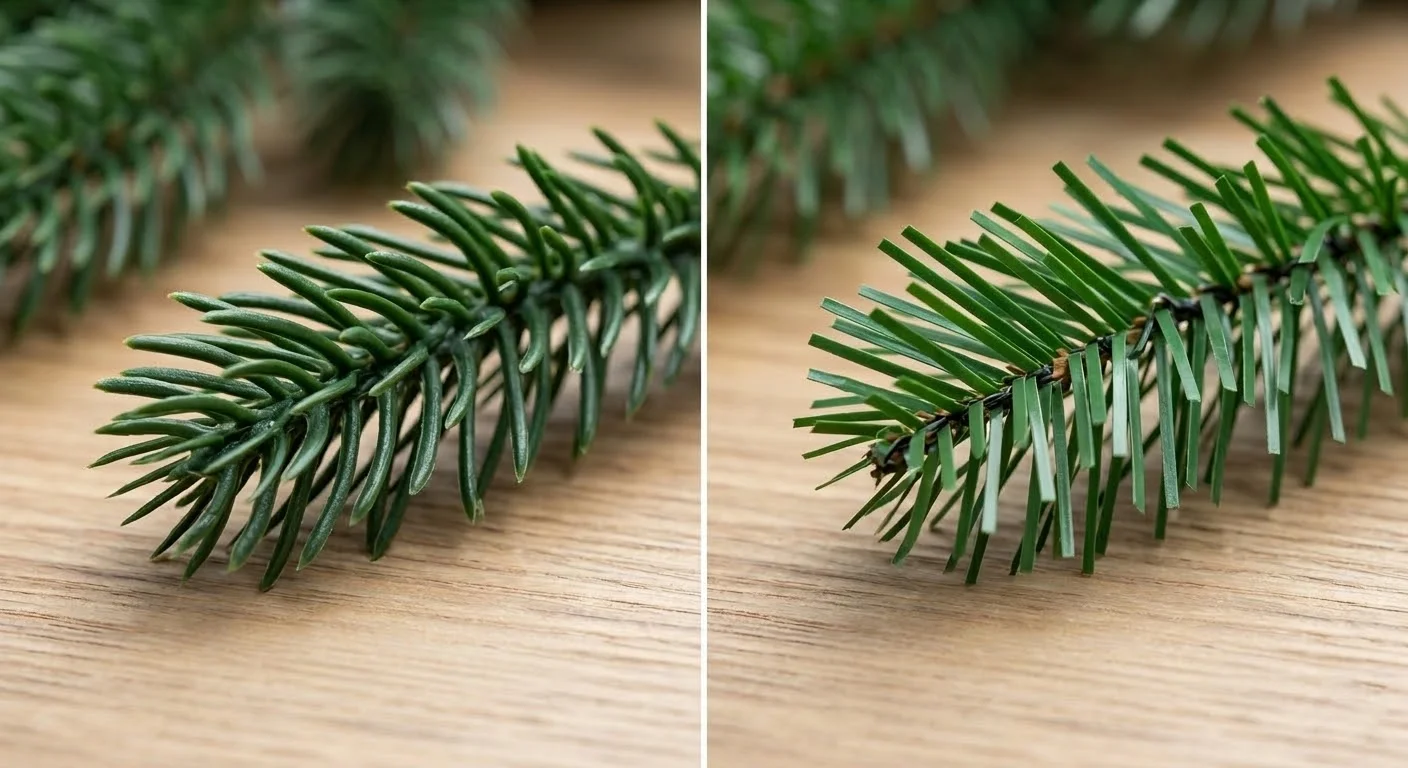 Macro photography comparing 3D PE artificial Christmas tree needles with flat PVC needles