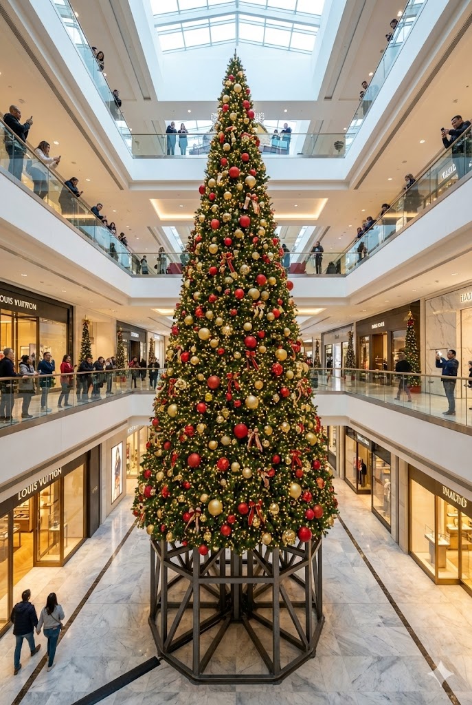 Large Artificial Christmas Tree in Shopping Mall Atrium