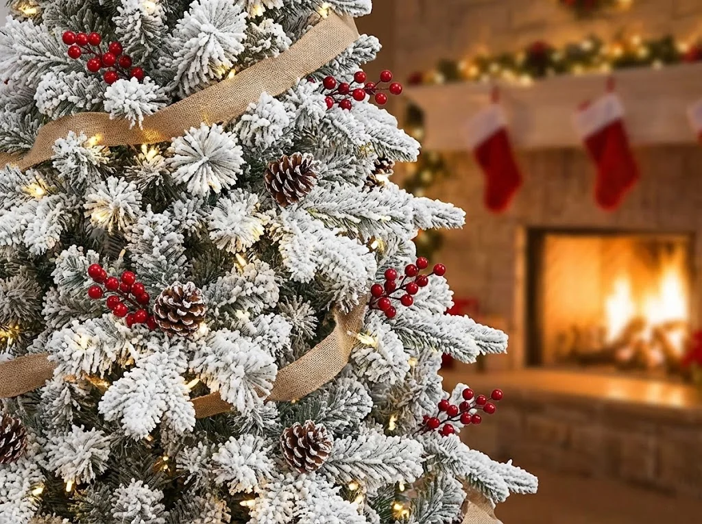 Decorated Flocked Pencil Christmas Tree with Lights