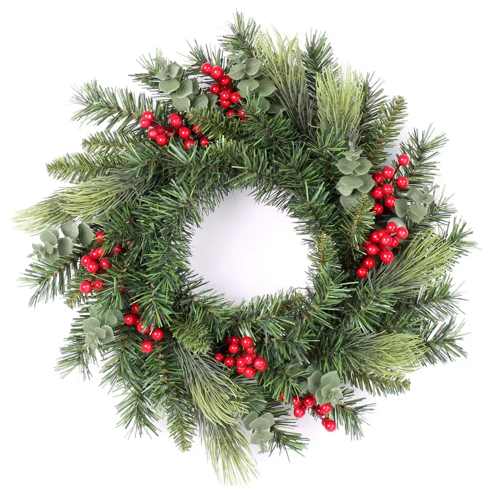 Decorated Christmas Wreath with Berries and Pinecones