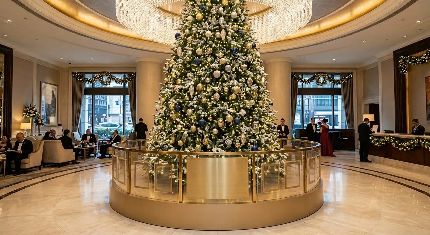 A grand, fire-retardant commercial artificial Christmas tree displayed in a luxury hotel lobby