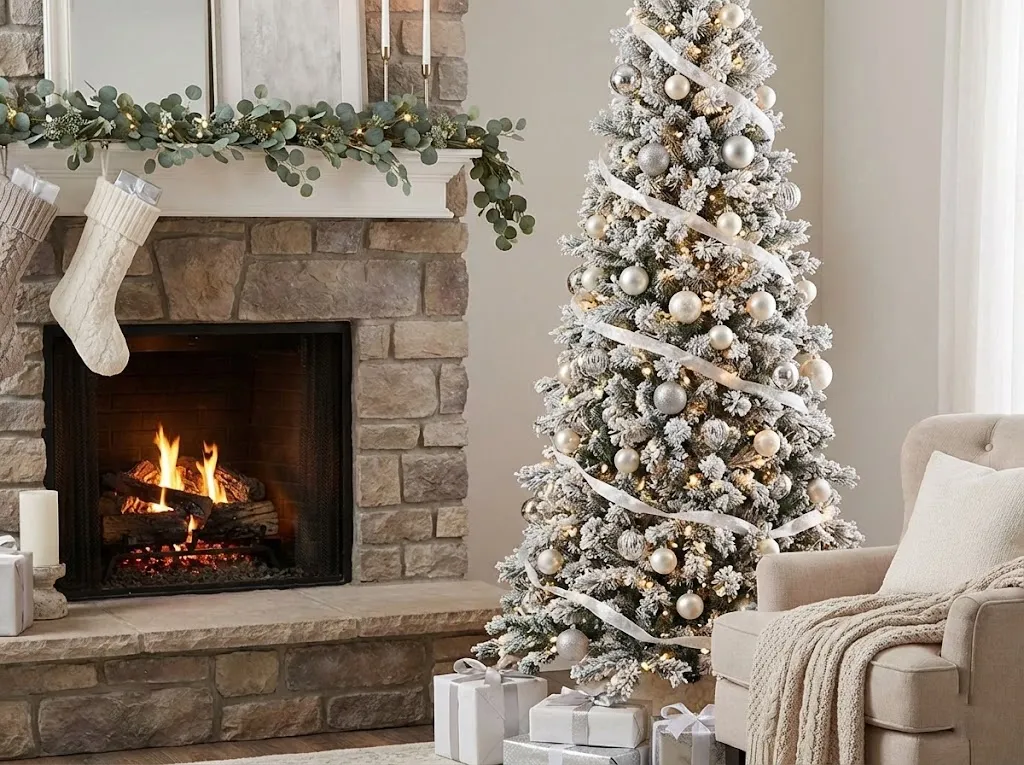 Skinny flocked christmas tree decorated