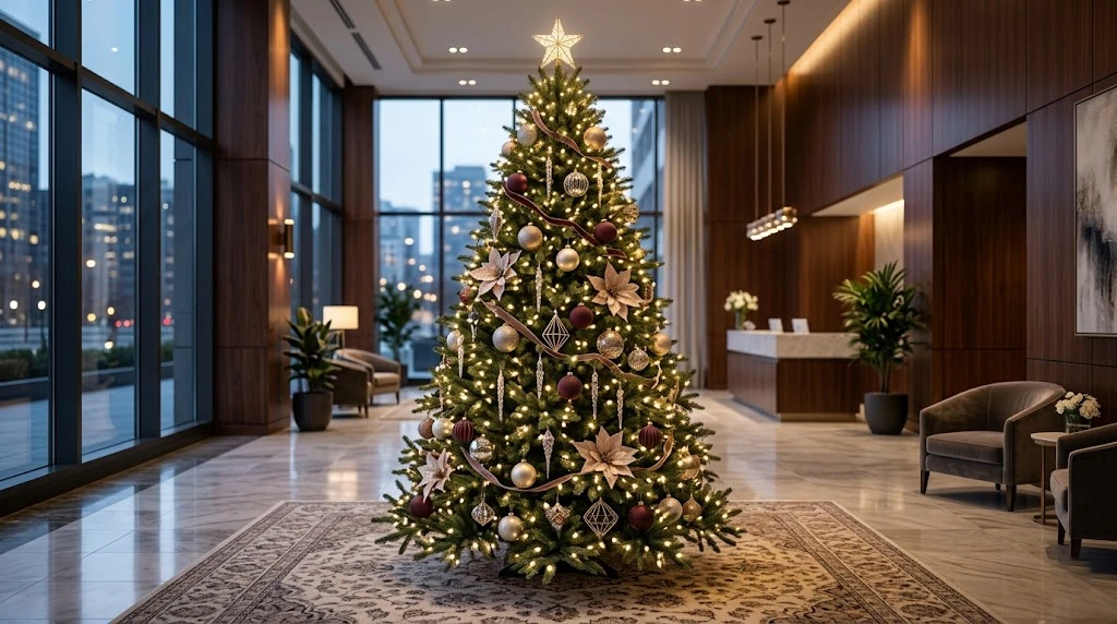 A beautifully decorated, ultra-realistic pre-lit artificial Christmas tree in a high-end commercial lobby