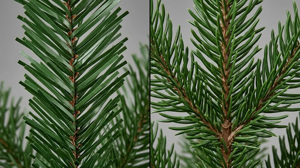 Macro close-up comparison of PE vs PVC artificial Christmas tree branches