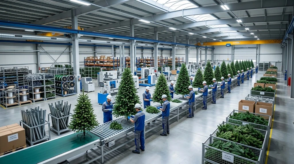 Workers assembling high-quality artificial Christmas trees in a large-scale manufacturing factory