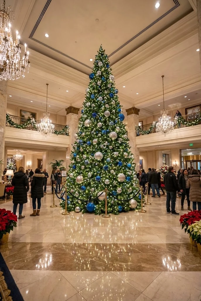Large Realistic Christmas Tree in Hotel Lobby