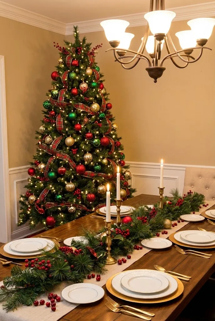 Heavily Decorated Realistic Tree in Dining Room