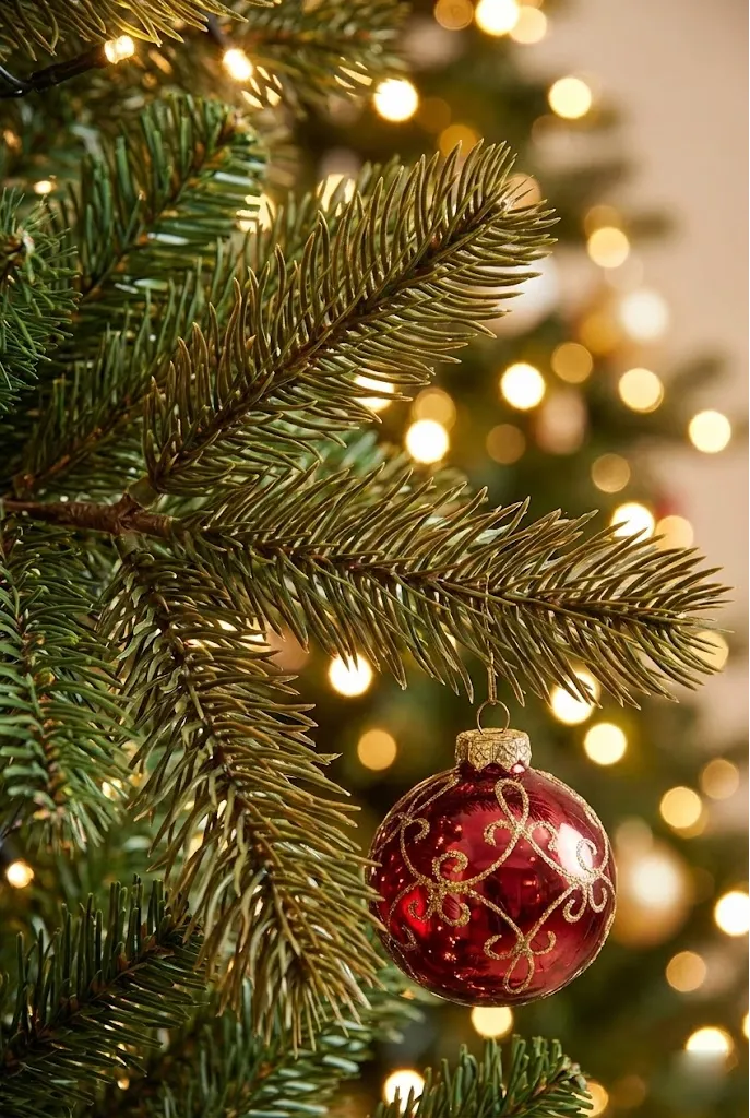 Close up of ornaments on realistic PE branches