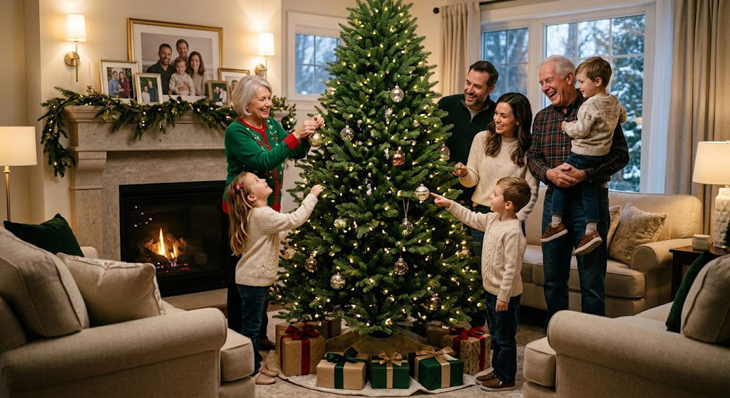 A family enjoying their long-lasting premium faux Christmas tree over many years